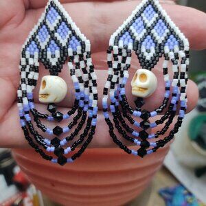 Hand Crafted Sugar Skull Earrings- Black, White and Purple